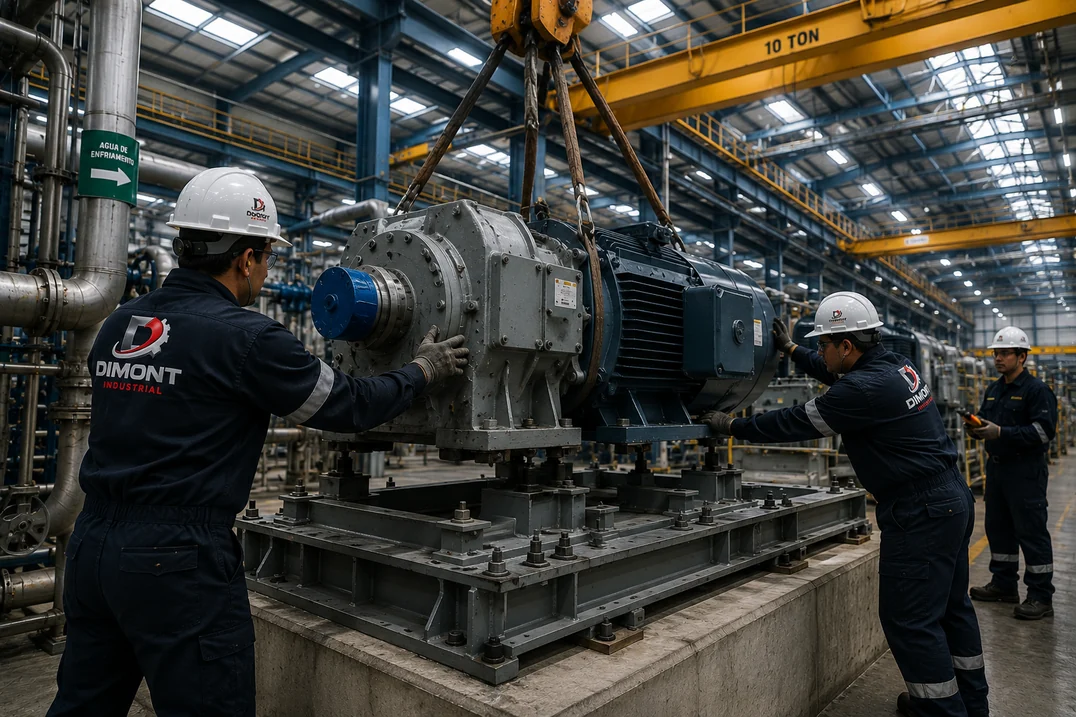 Cuadrilla alineando un motor y su reductor sobre base de concreto
