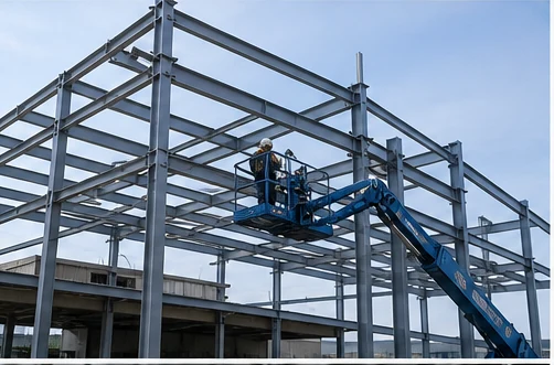 Montaje de estructura metálica con plataforma elevadora