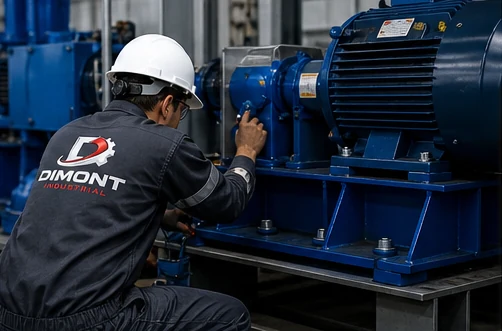 Técnico de DIMONT ajustando un motor eléctrico sobre su base