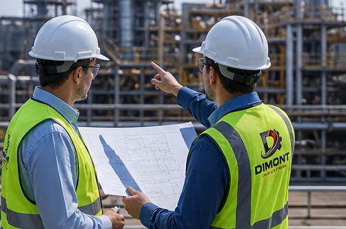 Dos ingenieros de DIMONT revisando planos frente a una planta de proceso