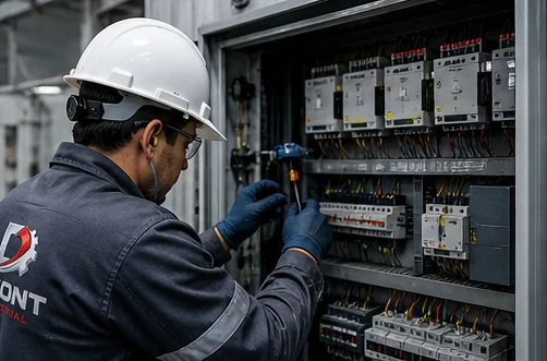 Técnico de DIMONT trabajando en un tablero eléctrico de control